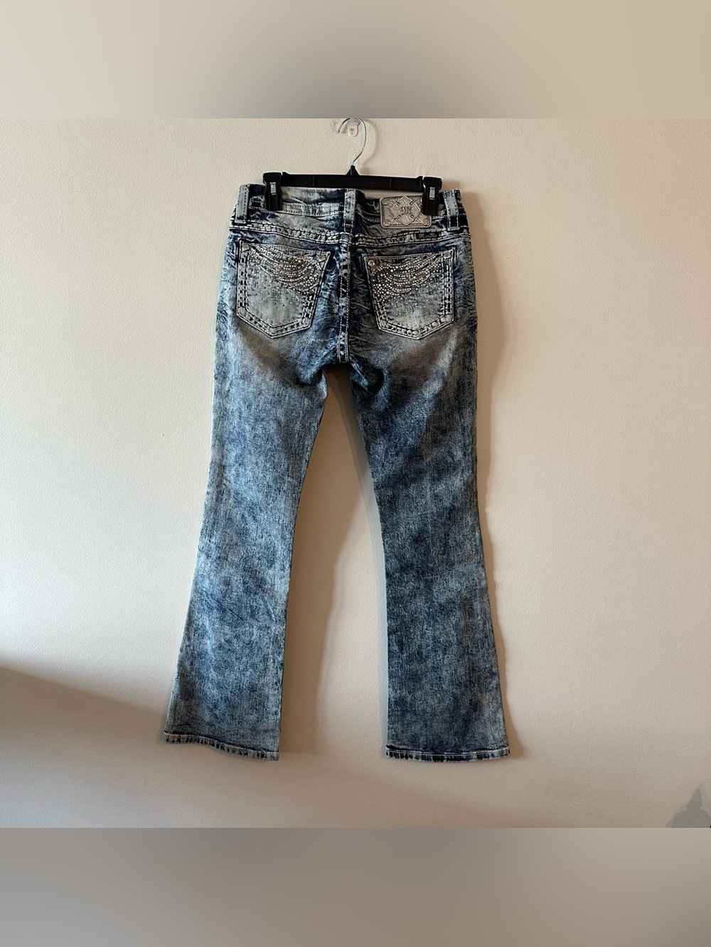 NEW Y2K Style Miss Me Boot Cut Acid Wash Jeans 29 Rhinestone Wings Low Rise